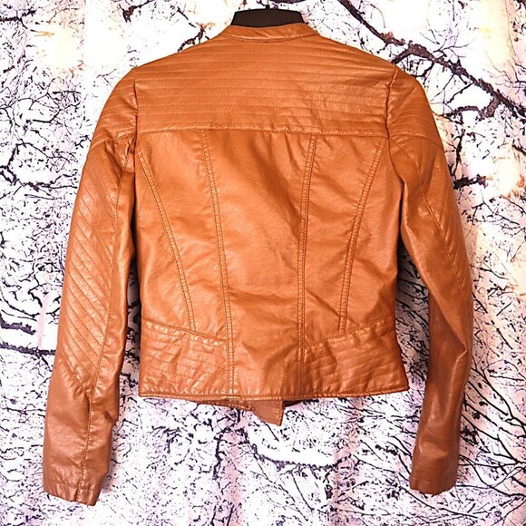 CARAMEL FAUX LEATHER JACKET S Therapy Brown Tan Moto Vegan Fall Classic Retro - Picture 8 of 11